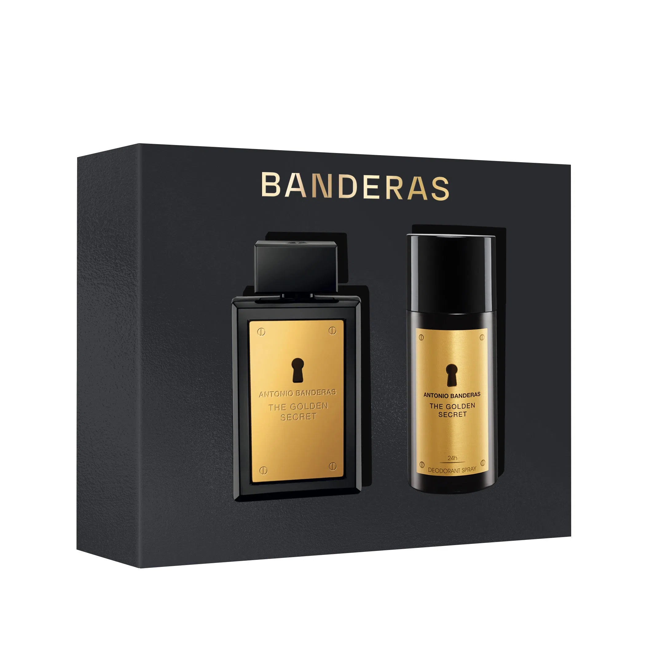Estuche Antonio Banderas The Secret Golden EDT (M) / 2 Pc SP 100 ml; DEO 150 ml - 8411061074510- Prive Perfumes Honduras