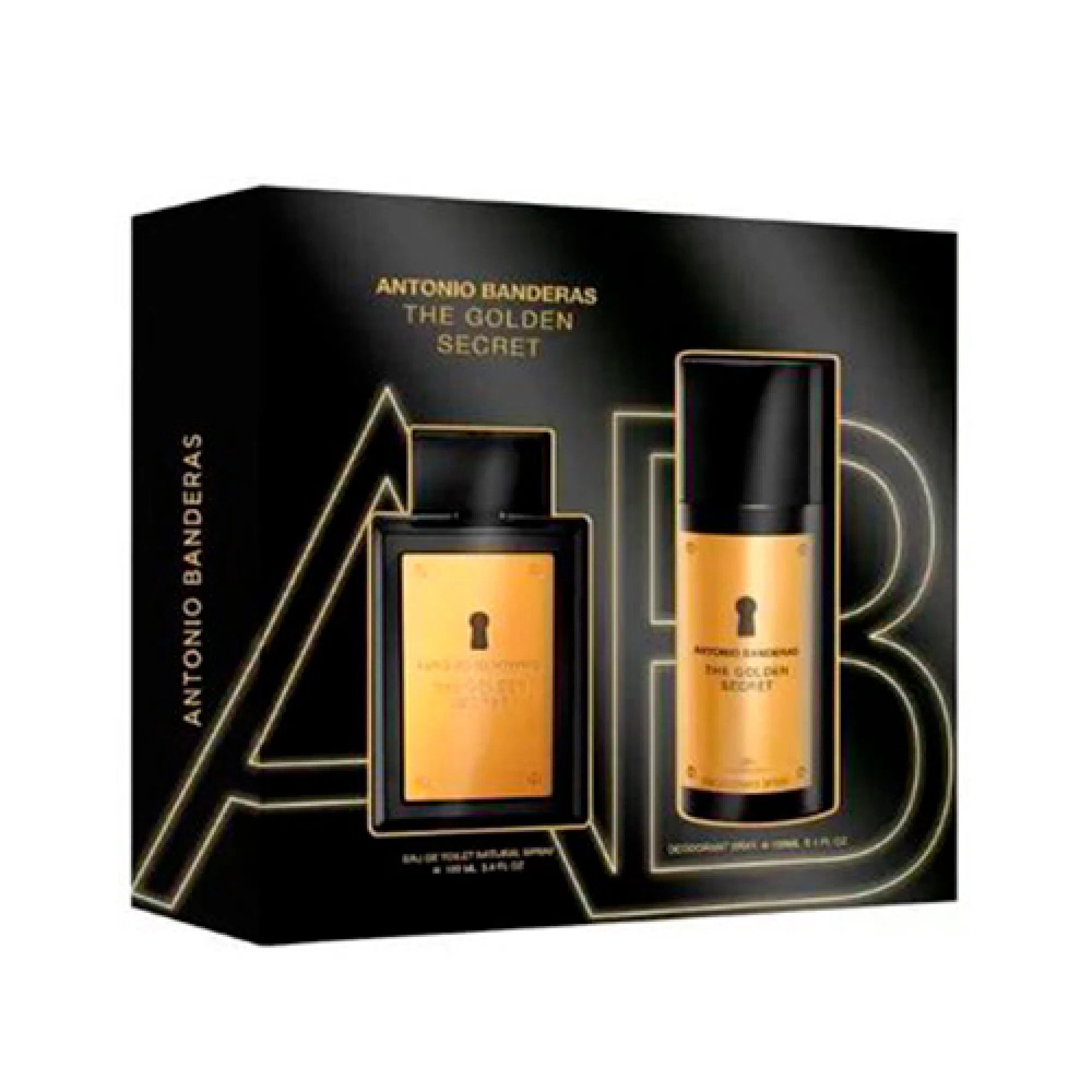 Estuche Antonio Banderas The Secret Golden EDT (M) / 2 Pc SP 100 ml; DEO 150 ml - 8411061045282- Prive Perfumes Honduras