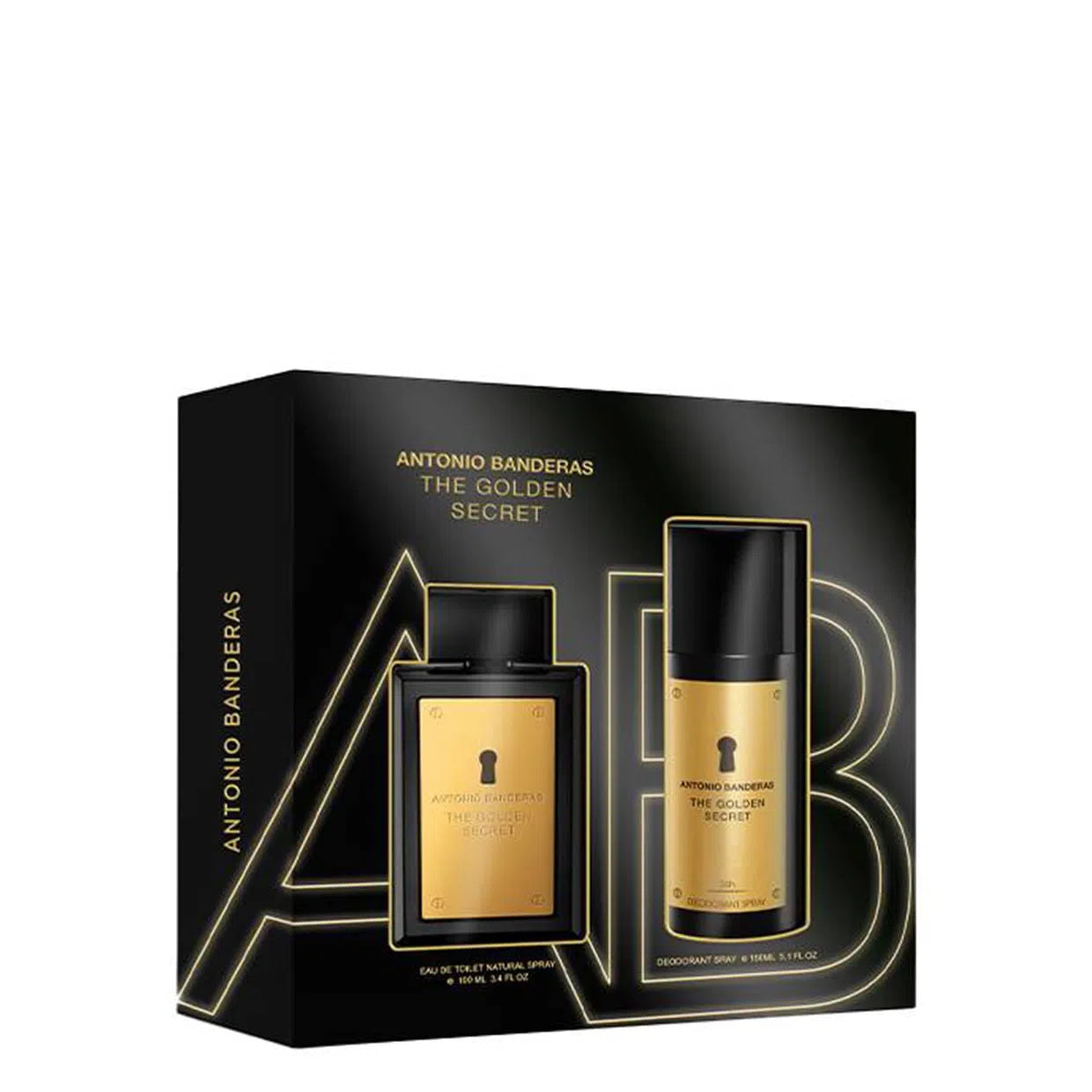 Estuche Antonio Banderas The Secret Golden EDT (M) / 2 Pc SP 100 ml; DEO 150 ml - 8411061091678- 1 - Prive Perfumes Honduras