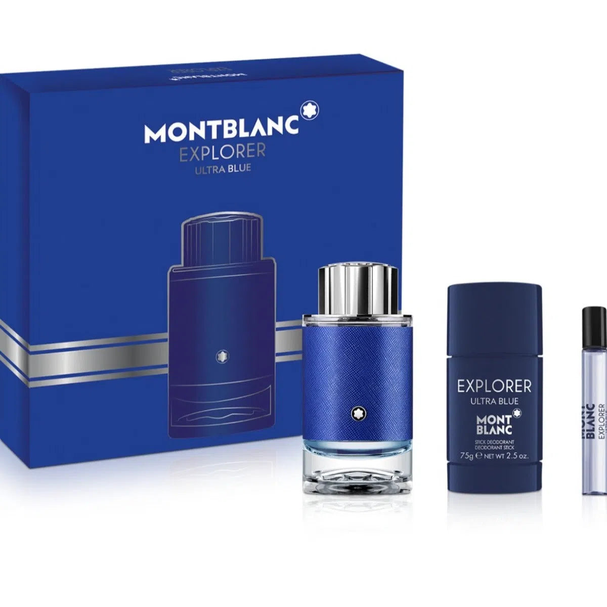 Estuche Montblanc Explorer Ultra Blue EDP (M) / 3 Pc SP 100 ml; DEO 75 ml; SP 7.5 ml - 3386460130561- Prive Perfumes Honduras