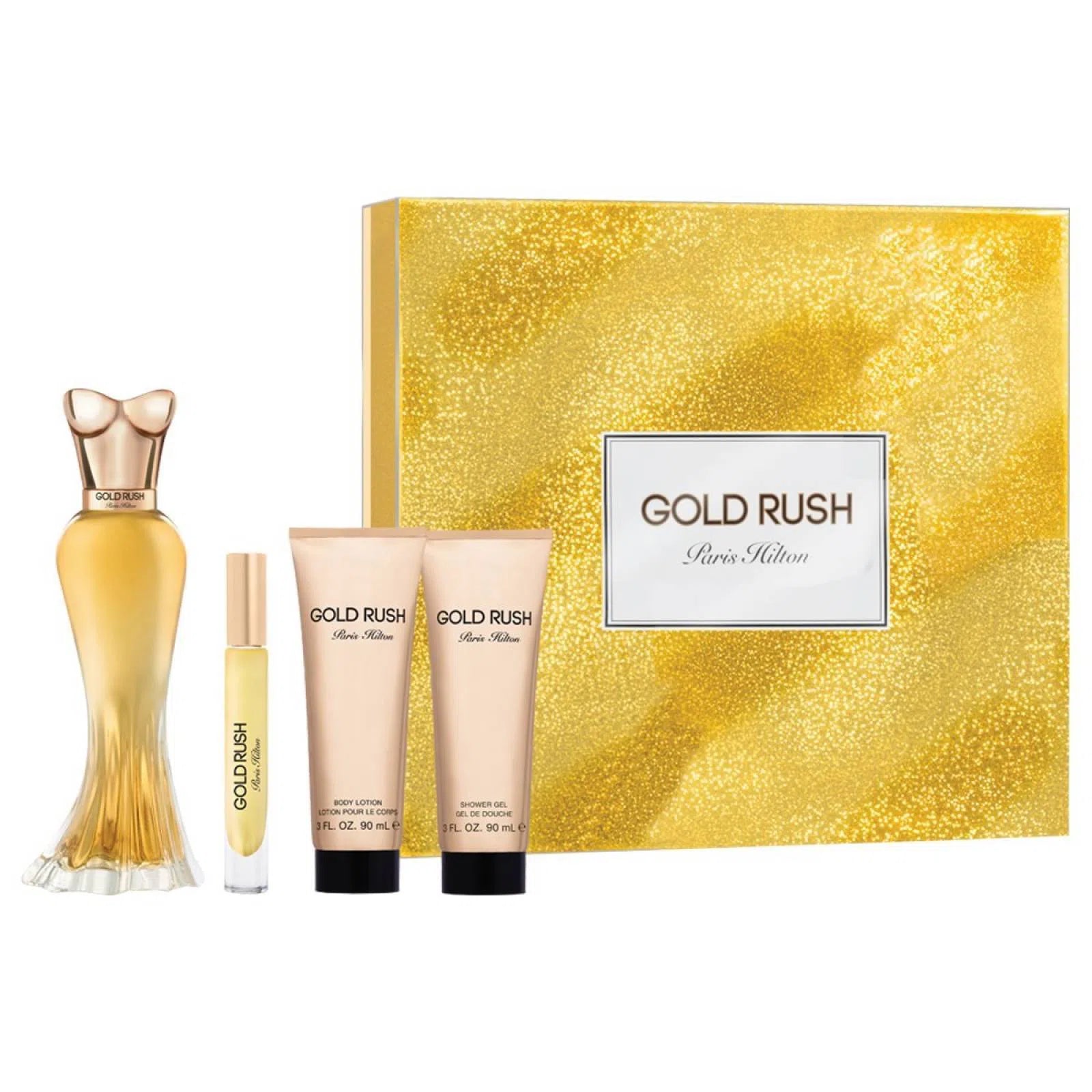 Estuche Paris Hilton Gold Rush EDP (W) / 4 Pc SP 100 ml; BL 90 ml; SG 90 ml; Mini - 608940583623- Prive Perfumes Honduras