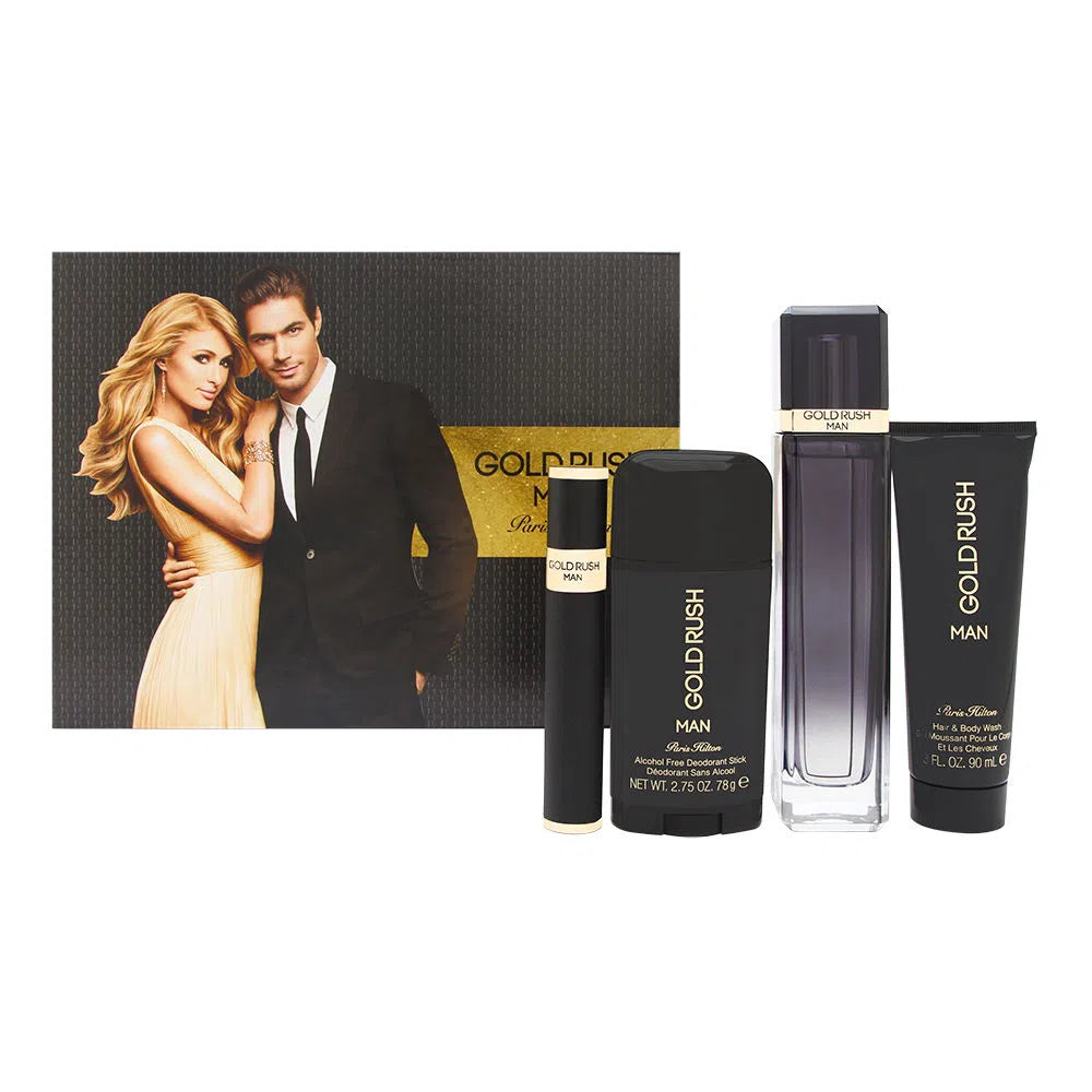 Estuche Paris Hilton Gold Rush EDT (M) / 4 Pc SP 100 ml; HBW 90 ml; DEO 80 ml; Mini - 608940574553- Prive Perfumes Honduras