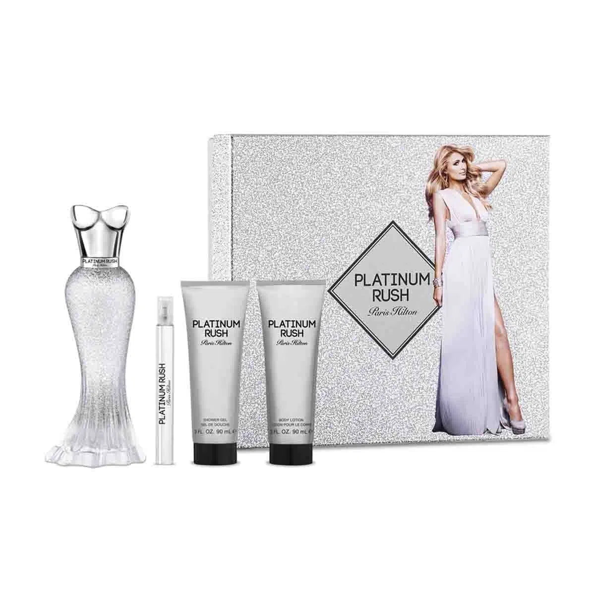Estuche Paris Hilton Platinum Rush EDP (W) / 4 Pc SP 100 ml; BL 90 ml; SG 90 ml; Mini - 608940575314- Prive Perfumes Honduras