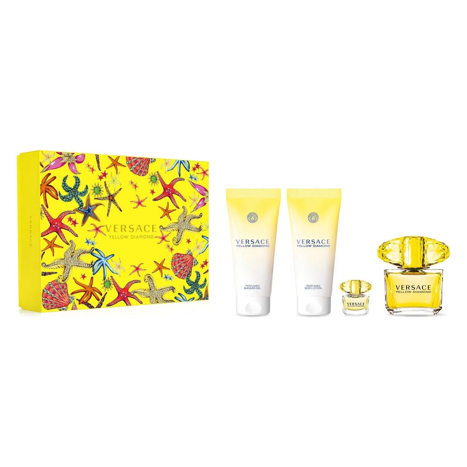 Estuche Versace Yellow Diamond EDT (W) / 4 Pc SP 90 ml; BL 100 ml; SG 100 ml; SP 5 ml - 8011003873401- Prive Perfumes Honduras